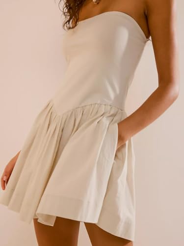 Loafawes Summer Solid Strapless Mini Dress for Women Tube Top Dresses Patchwork Pleated Drop Waist Flared Beach Dress