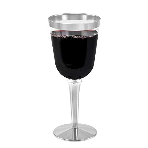 BloominGoods 50 Silver Rimmed Disposable Plastic Wine Glasses | Large 10 oz. Premium Clear Hard Plastic Fancy Wine Cups fo...