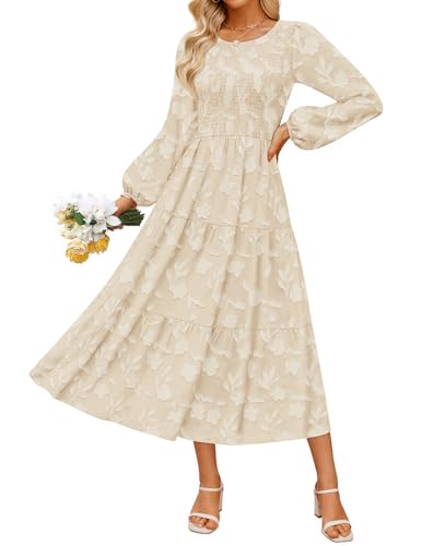 ZESICA Women's Fall Boho Floral Midi Dress 2026 Casual Long Sleeve Crewneck Flowy Wedding Guest Long Dresses