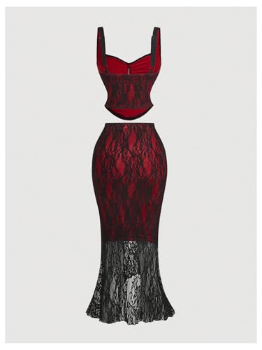 SOLY HUX Women's Floral Lace Skirt Set 2 Piece Sleeveless Top and Bodycon Fishtail Skirts Summer Coquette Outfits