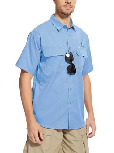 Men's Outdoor Button Down Fishing Shirt - Short Sleeve UPF Sun Protection for Hiking & Work