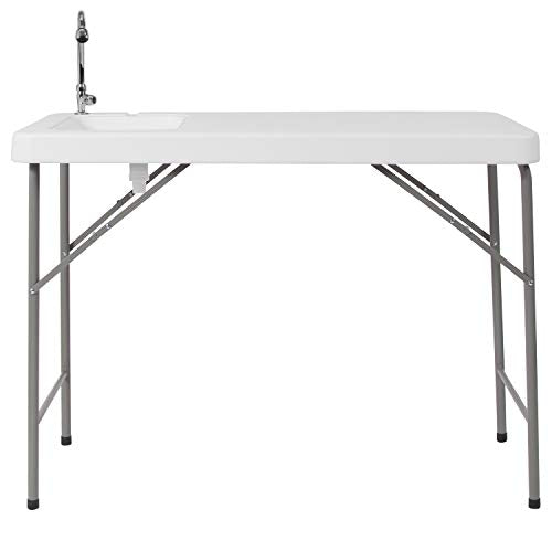Flash Furniture Wesley 4' Portable Fish Cleaning Table with Sink, Outdoor Portable Folding Camping Sink Table with Faucet,...