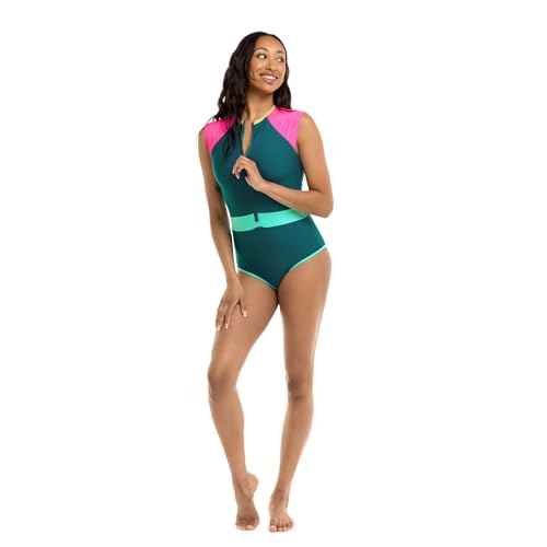 Body Glove Women's Standard Stand Up Zip Front Paddle One Piece Swimsuit with UPF 50+, Kingfisher Colorblock