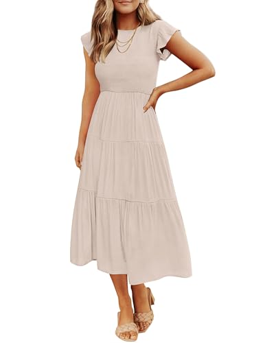 ZESICA Women's 2026 Summer Casual Flutter Short Sleeve Crew Neck Smocked Elastic Waist Tiered Midi Dress
