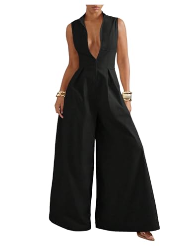 Verdusa Women's Zip Up Wide Leg Jumpsuits Sleeveless One Piece Formal Dressy Rompers Holiday Jumpsuits