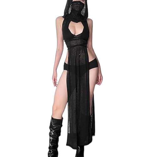 LINNSUJH Gothic Rave Outfits Dresses for Women Festival Long Dresses Sexy Goth Clothes Rave Wear