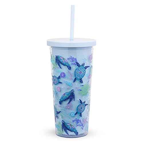 Travel Tumbler with Lid and Straw, 24 Ounce Insulated Cup, Blue Plastic Double Wall Tumbler, Turtle Dream