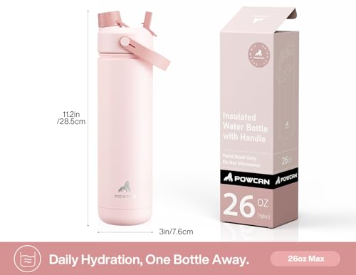 POWCAN 26 oz Insulated Water Bottle with 2-in-1 Straw and Spout Lid, Keep Cold 24H, Leak-Proof, Fits in Car Cup Holder, St...