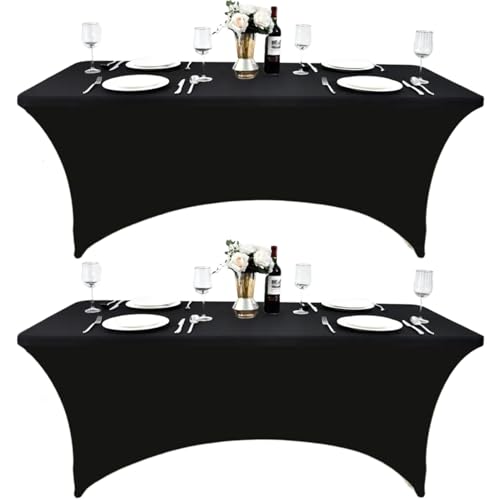 ZarzaaSik 2-Pack 6ft Black Spandex Table Covers for Rectangle Standard Folding Tables - Wrinkle Resistant Stretch Tableclo...