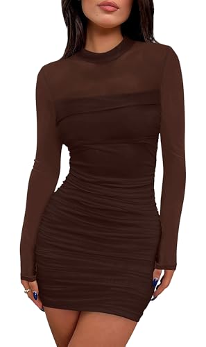 WIHOLL Women's Mesh Sheer Long Sleeve Ruched Mini Dress Sexy Bodycon Mock Neck Cocktail Party Club Dresses 2025