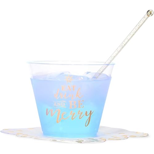 Sparkle and Bash Clear Plastic Cups - Festive Print for Eat, Drink & Be Merry Party Supplies - Durable Plastic Cocktail Gl...