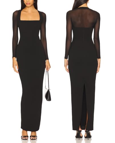 Capuffy Women Sheer Mesh Long Sleeves Maxi Dress Square Neck Bodycon Long Dresses Back Vent Cocktail Party Dress 475