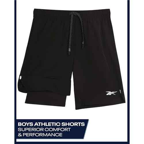 Reebok Boys Shorts - 2 in 1 Basketball Shorts with Compression Liner and Pockets - Gym and Running Boys Athletic Shorts