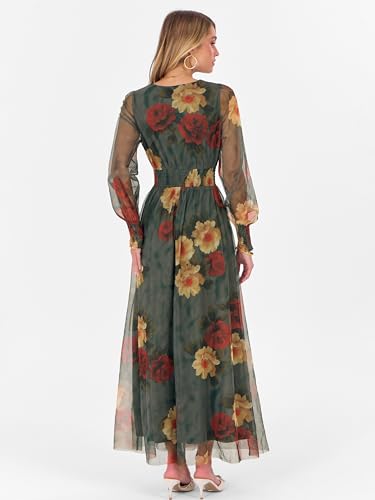 ANRABESS Women's Floral Maxi Dress 2025 Fall V Neck Puff Long Sleeve Flowy Casual Wedding Guest Tea Party Tulle Dresses