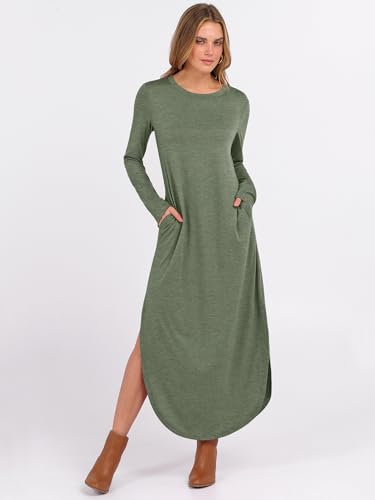 ANRABESS Women's Long Sleeve Maxi Dresses 2025 Fall Outfits Casual Loose Split Travel Vacation T Shirt Dress with Pockets