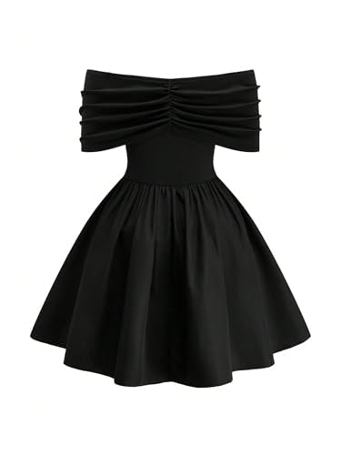 SOLY HUX Women's Plus Size Dress Off The Shoulder Short Sleeve Ruched A Line Flared Cocktail Party Short Dresses