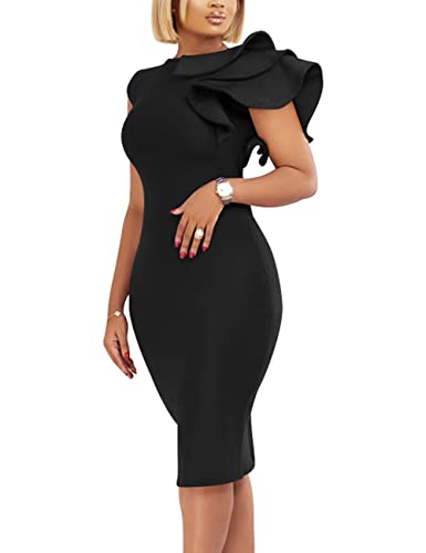 VASAUGE Women's Elegant Formal Bodycon Ruffle Sleeveless Midi Cocktail Party Dress