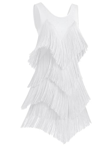 IWEMEK Rhinestones Layered Fringe Dress Ballroom Latin Dance Dress for Women Tiered Tassel Flapper Dresses Dancing Costume