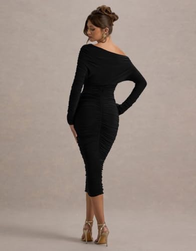 LAGSHIAN Women's Elegant Bodycon Long Sleeve Midi Dress Fall Off The Shoulder Ruched Cocktail Party Dresses