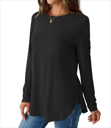 NORACORA Womens Long Sleeve Shirts Loose Tunic Tops Round Neck Lightweight Side Split Casual 2025 Trendy Basic Tshirts Blouse
