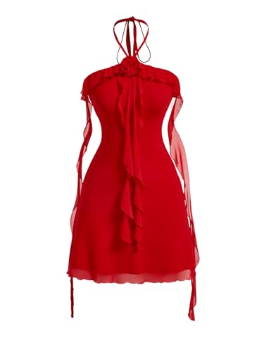 GORGLITTER Women's Flower Strapless Halter Bodycon Mini Dresses Elegant Classy Y2K Mesh Tassel Backless Summer Sundress