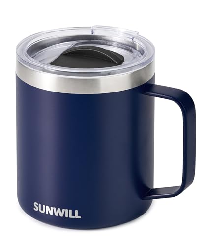 SUNWILL Insulated Coffee Mug with Lid, Travel Tumbler with Handle, 14oz Stainless Steel Cup for Camping, Office, Home, Pow...
