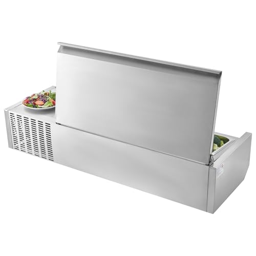 VEVOR Refrigerated Condiment Prep Station, 130 W Countertop Refrigerated Condiment Station, with Two 1/3 Pans & Four 1/6 Pans, 304 Stainless Body and PC Lid, Sandwich Prep Table with Stainless Guard