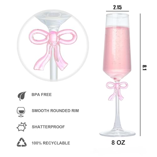 LAUDEE Champagne Glasses Set of 2, 8oz Elegant Crystal Stemmed Champagne Flutes with Pink Bow for Prosecco, Sparkling Win...