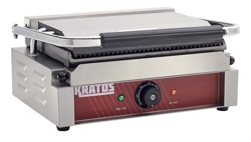 Kratos Commercial Electric Panini Sandwich Grill with Grooved Top and Smooth Bottom Plates, 14" x 9" Cooking Surface, Commercial Countertop Panini Press, 120V, 1750W (29Y-022)