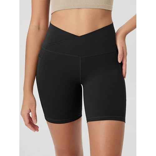 ODODOS Cloud Feeling Cross Waist Yoga Shorts with Pockets for Women, 6" Crossover High Waist Lounge Biker Shorts