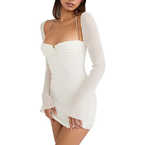 Zebaexf Women's Mesh Dress Long Puff Sleeve Mini Bodycon Sweet Neck Party Mini Dresses for Women
