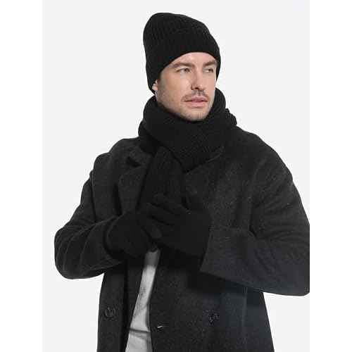 Mens Winter Beanie Hat Touchscreen Gloves Long Scarf 3 Set with Warm Fleece Lined Knit Cap Scarves for Men Women