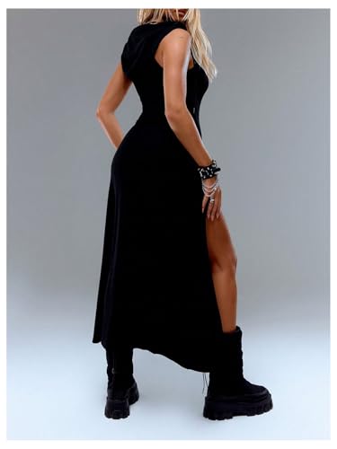 GORGLITTER Women's Double Slit Hooded Rave Dress Sexy Y2k Gothic Sleeveless Grunge Bodycon Going Out Maxi Dresses 2025