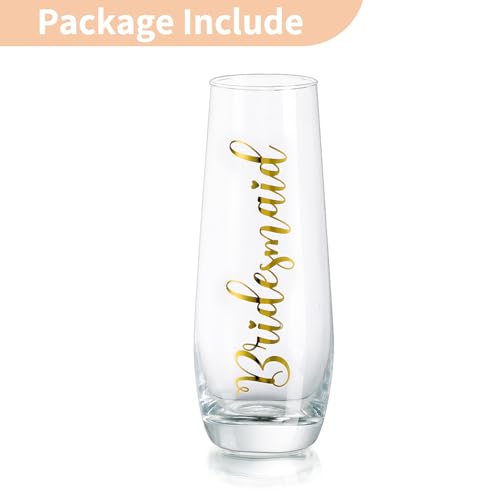 NUPTIO Stemless Champagne Glasses Bridesmaid: Bridal Shower Party Prosecco Flutes Tumbler Wedding Gift Clear Gold Embossed