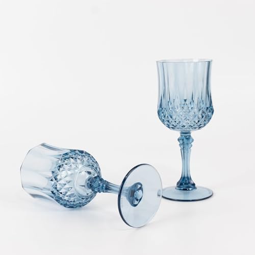 Balsa Circle 6 Disposable 8 oz Dusty Blue Crystal Cut Goblets – Clear Drinkware, Plastic Wine Glasses for Weddings Parties...