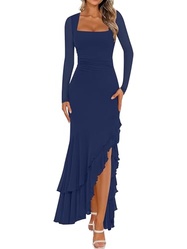 BORIFLORS Women's Bodycon Ruched Mesh Long Sleeve Maxi Dress Mermaid Ruffle Formal Cocktail Party Long Dresses