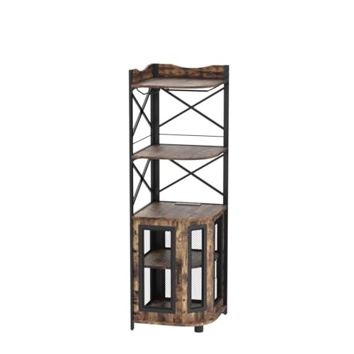 Aheaplus Corner Bar Cabinet with Power Outlet, Industrial Wine Cabinet with LED Strip and Glass Holder, 5-Tiers Liquor Cab...