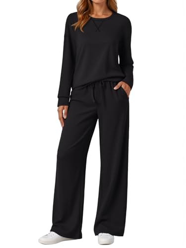 AUTOMET Womens Sweatsuits 2 Piece Sets Travel Outfits 2026 Fall Matching Lounge Set Oversized Sweatshirt Wide Leg Pants