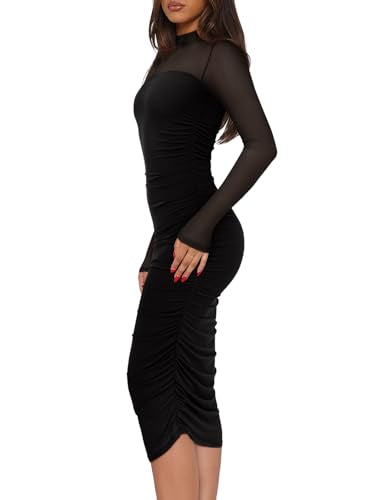 REORIA Women's Fall Mesh Sheer Long Sleeve Midi Ruched Bodycon Dress Mock Neck Elegant Evening Party Cocktail Dresses