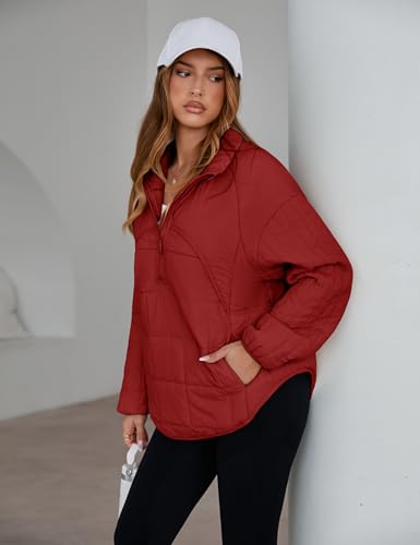Daacee 2025 Oversized Lightweight Quilted Pullover Jacket for Women Half Zip Up Puffer Jackets Padded Outwear XS-2XL