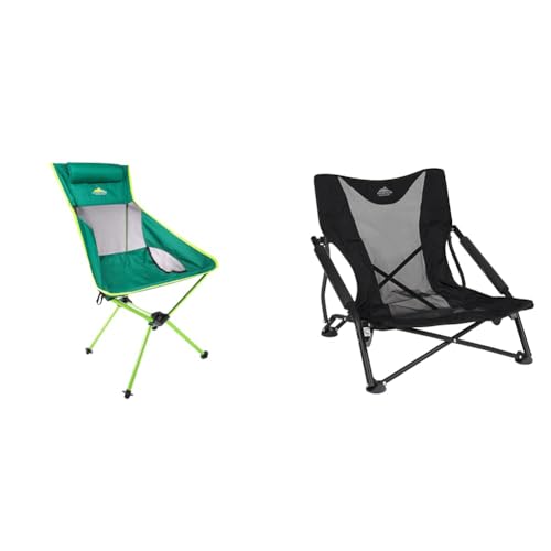 Cascade Mountain Tech Camping Chairs 2-Pack - High Back Chair with Headrest and Low Profile Folding Chair