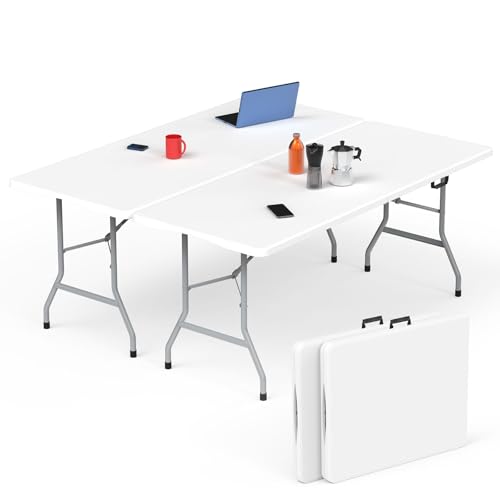 HLPB Folding Table - 2 Pcs, 6 ft Portable Camping Table with Handle and Safety Locks, Foldable Plastic Dining Table for In...