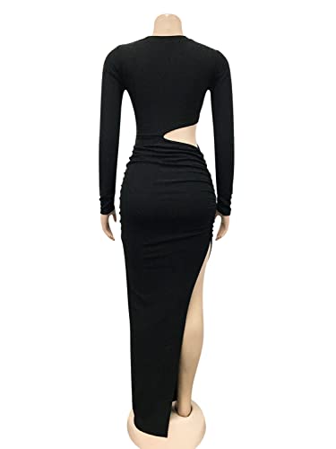 Elainone Women's Sexy Ruched Long Sleeve Bodycon Dress Cut Out Solid Color Basic Fitted Elegant Midi Dresses
