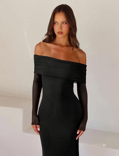 REORIA Women Off Shoulder Long Sleeve Dress Elegant Sexy Stretch Mesh Double Lined Slim Trendy Long Dresses