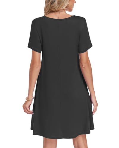 AUSELILY Tshirt Dress Women Swing Floral Short Sleeve V Neck Vacation Beach Mini Dress with Pockets