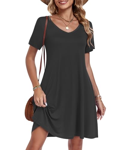 AUSELILY Tshirt Dress Women Swing Floral Short Sleeve V Neck Vacation Beach Mini Dress with Pockets