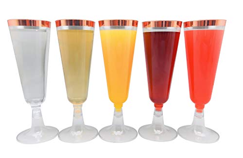 Oojami 140 Pack Plastic Champagne Flutes with Rose Gold Rim – Disposable Glass-Like Toasting Glasses for Wedding, Party, M...