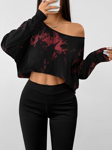 Hilinker Womens Off Shoulder Long Sleeve Crop Tops Sexy Boat Neck Loose Casual T Shirt