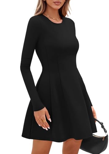 PRETTYGARDEN Long Sleeve Mini Dress for Women 2026 Spring Crewneck Knit Pleated Babydoll A Line Casual Short Party Dresses