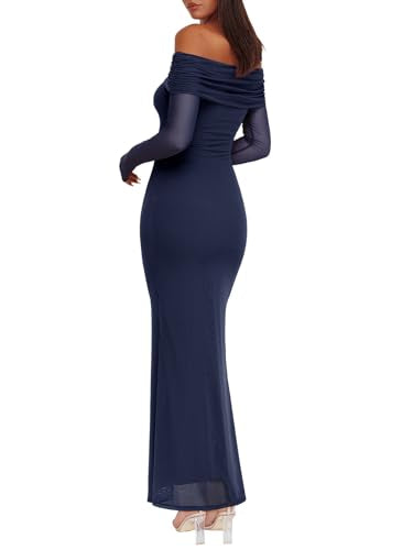 REORIA Women Off Shoulder Long Sleeve Dress Elegant Sexy Stretch Mesh Double Lined Slim Trendy Long Dresses